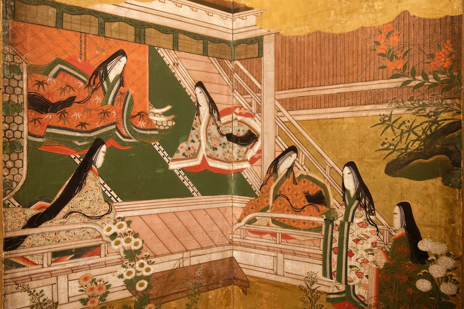 Detail of a Japanese folding screen with figures in kimono, photographed at Musée Guimet.